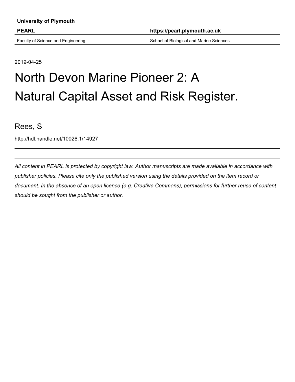 North Devon Marine Pioneer 2: a Natural Capital Asset and Risk Register