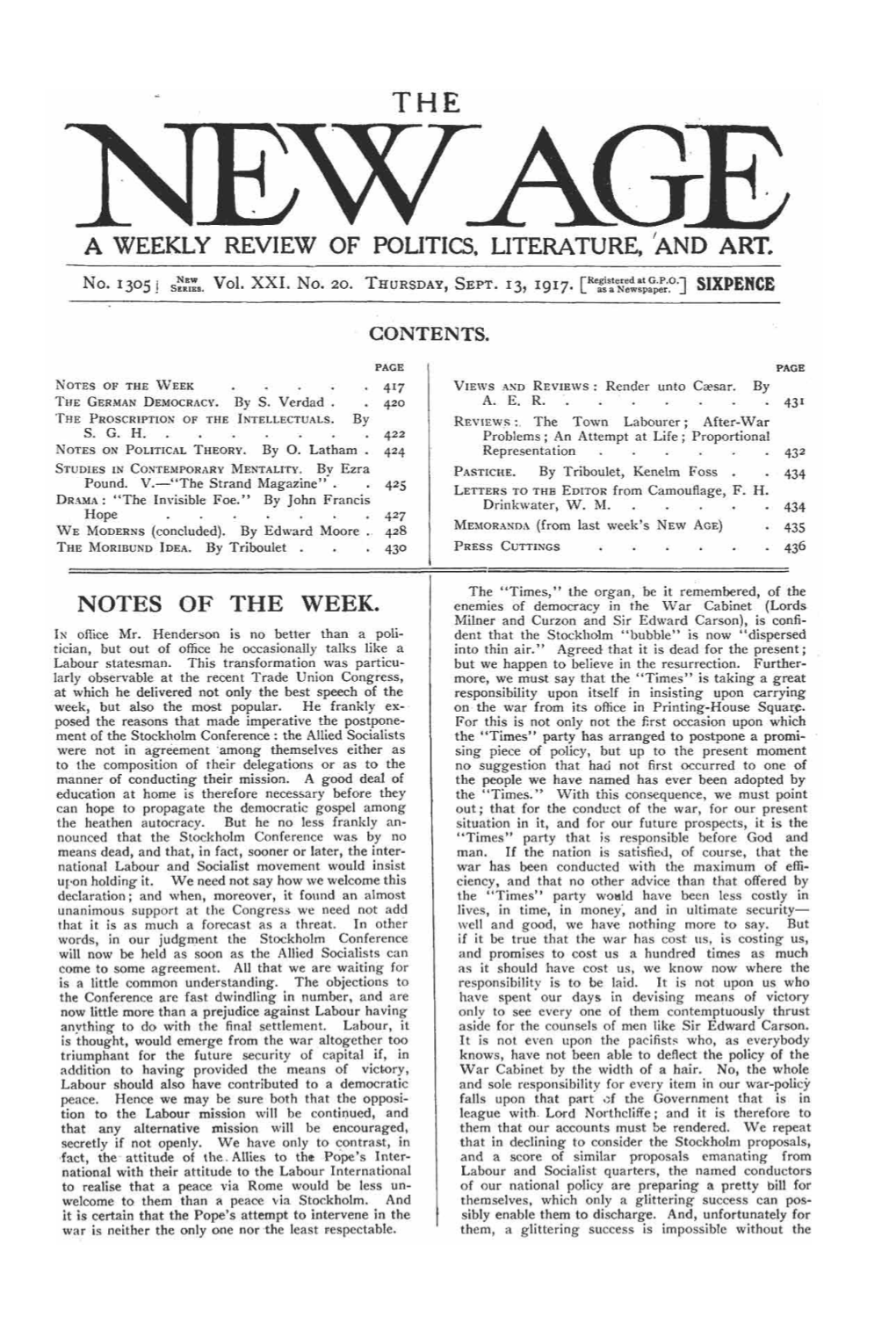 The New Age, Vol. 21, No. 20, Sept. 13, 1917