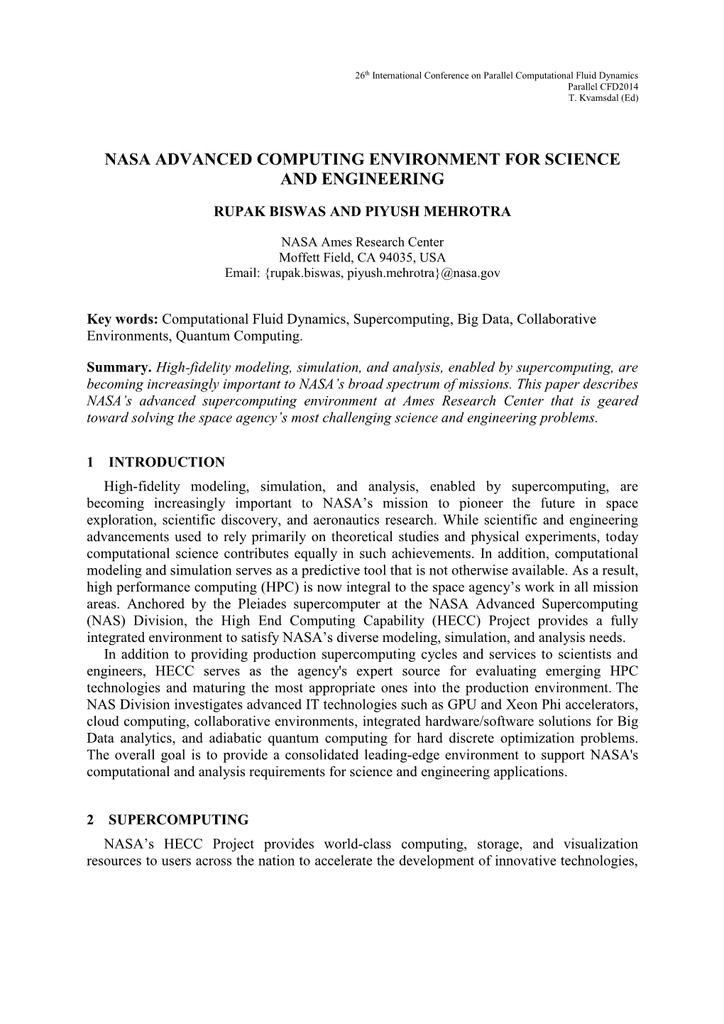 Nasa Advanced Computing Environment for Science and Engineering