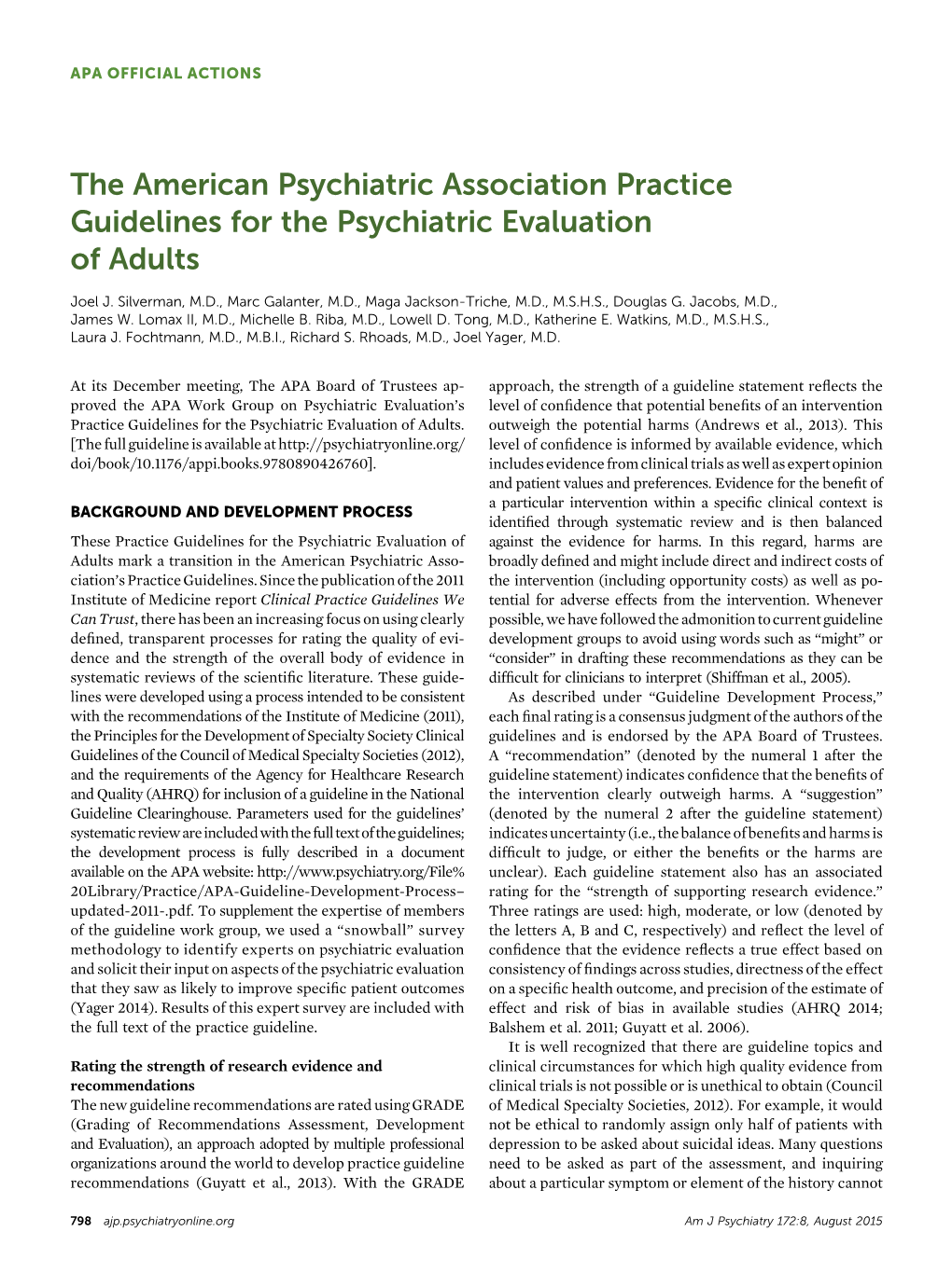 The American Psychiatric Association Practice Guidelines for the Psychiatric Evaluation of Adults