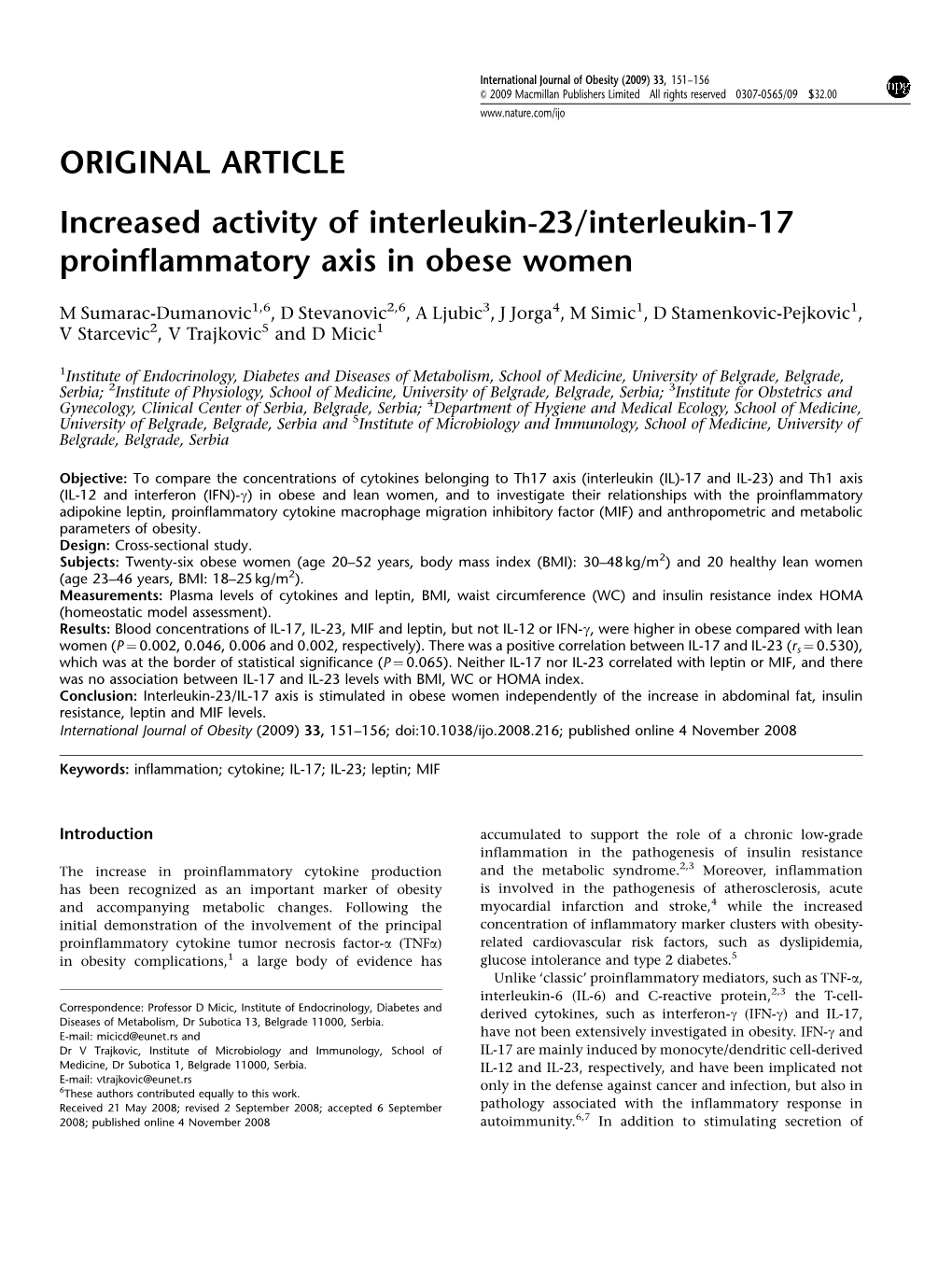 ORIGINAL ARTICLE Increased Activity of Interleukin-23/Interleukin-17 Proinflammatory Axis in Obese Women