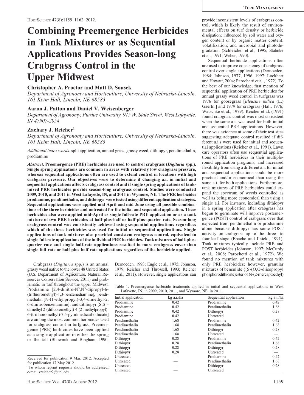 Combining Preemergence Herbicides in Tank Mixtures Or As Sequential Applications Provides Season-Long Crabgrass Control in the U