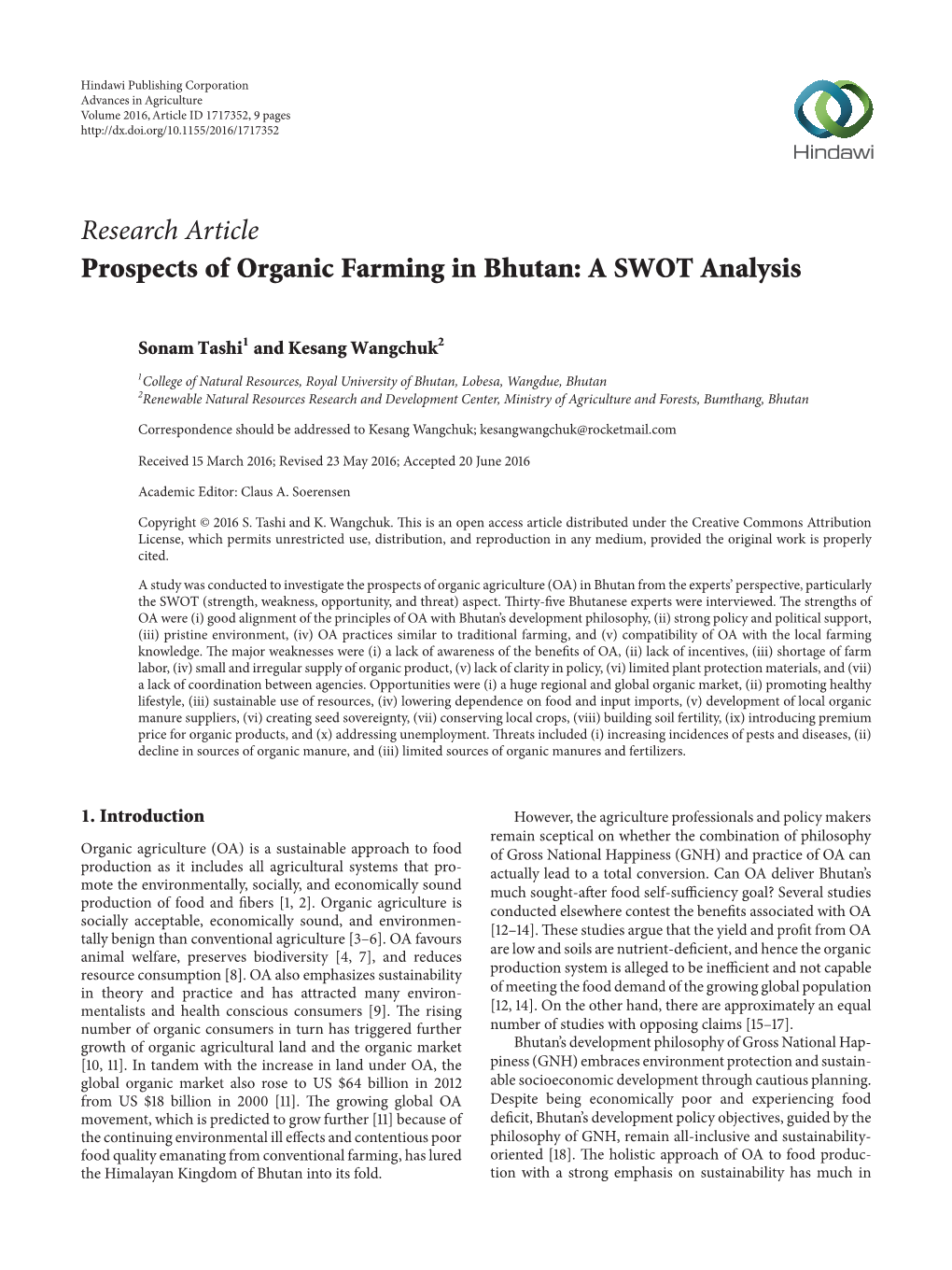 Research Article Prospects of Organic Farming in Bhutan: a SWOT Analysis