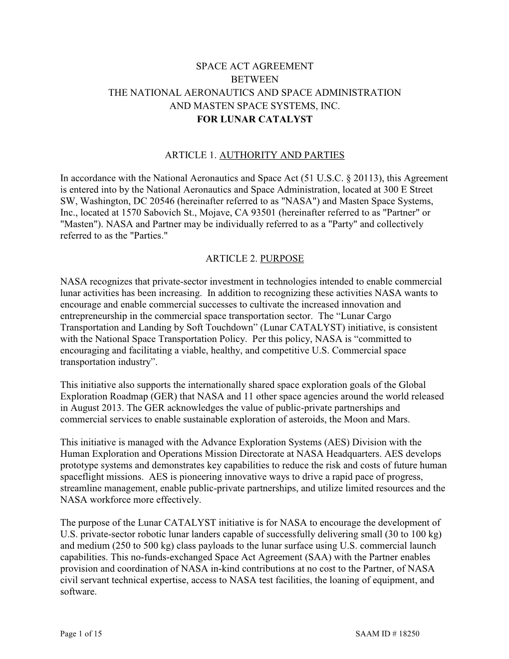 Space Act Agreement Between the National Aeronautics and Space Administration and Masten Space Systems, Inc