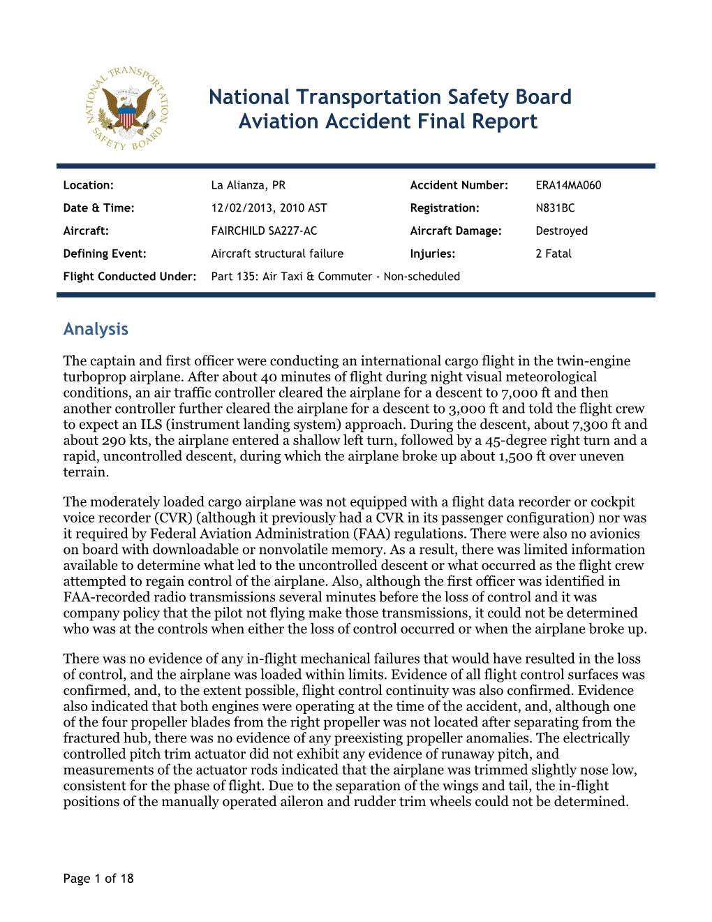 National Transportation Safety Board Aviation Accident Final Report