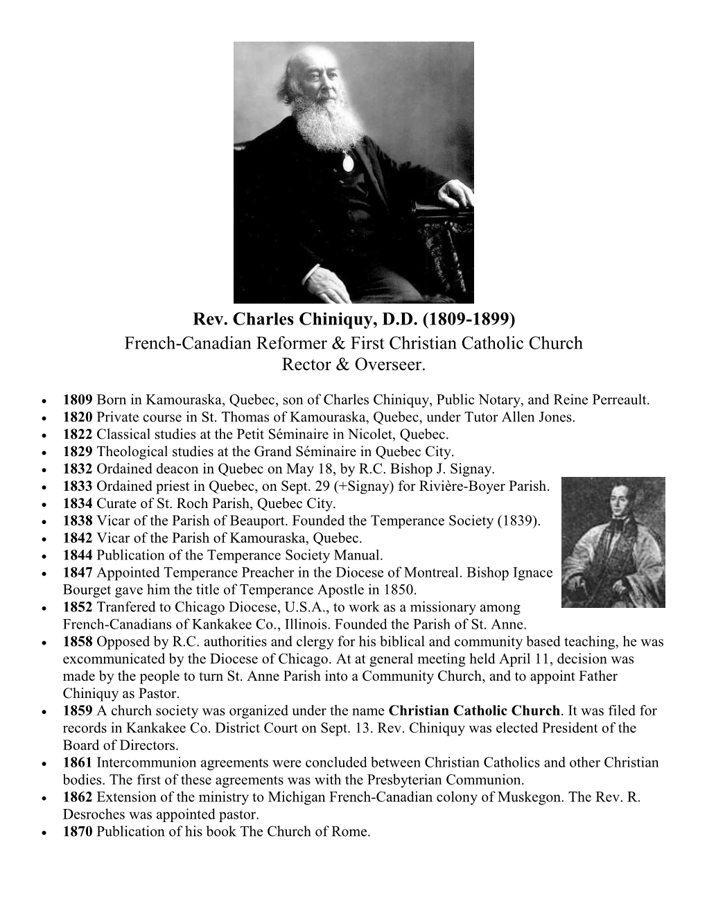 Rev. Charles Chiniquy, D.D. (1809-1899) French-Canadian Reformer & First Christian Catholic Church Rector & Overseer