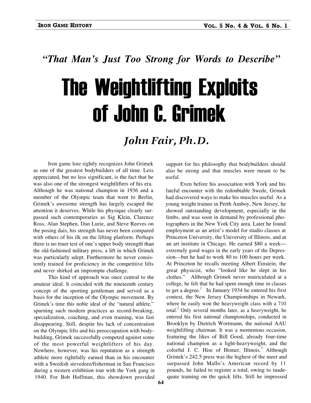 The Weightlifting Exploits of John C. Grimek John Fair, Ph.D
