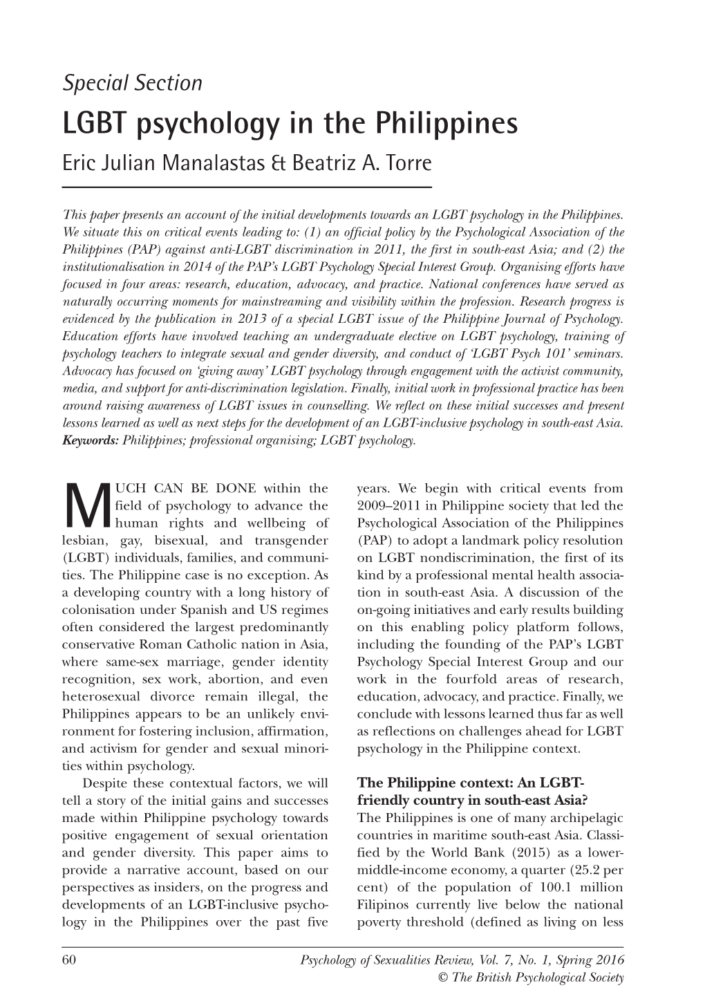 Special Section LGBT Psychology in the Philippines Eric Julian Manalastas & Beatriz A