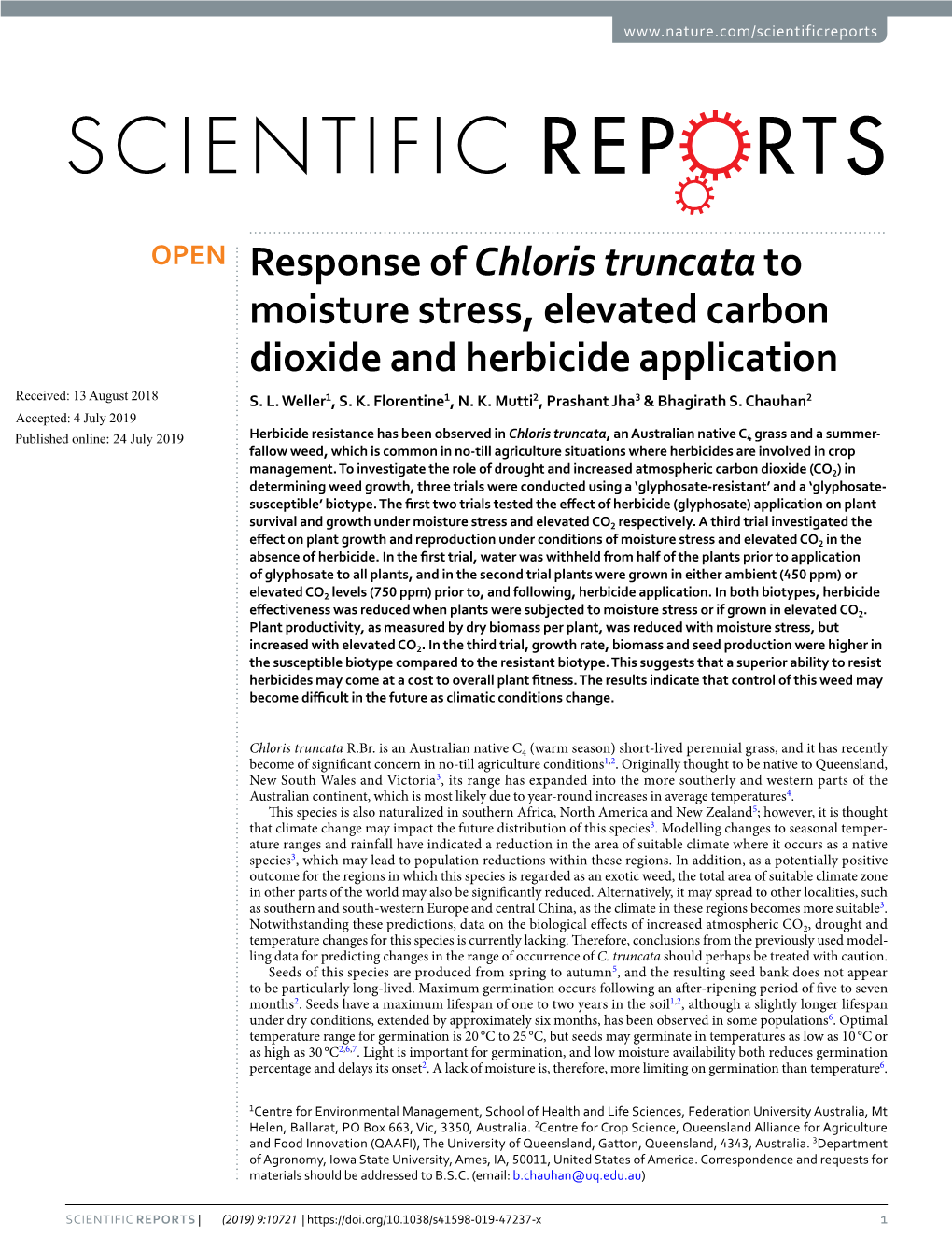 Response of Chloris Truncata to Moisture Stress, Elevated Carbon Dioxide and Herbicide Application Received: 13 August 2018 S