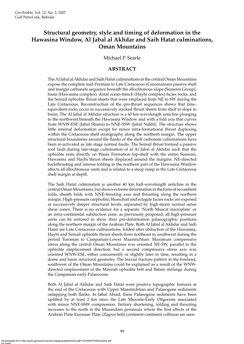 Structural Geometry, Style and Timing of Deformation in the Hawasina Window, Al Jabal Al Akhdar and Saih Hatat Culminations, Oman Mountains