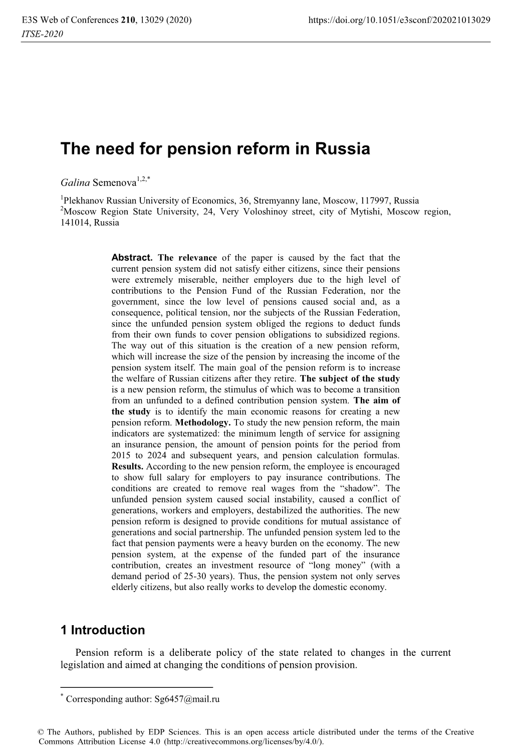 The Need for Pension Reform in Russia