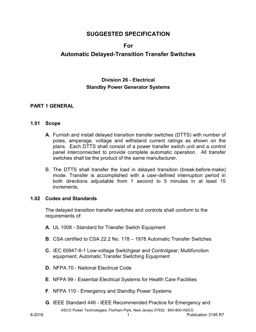 ASCO 7000 Series SUGGESTED SPECIFICATION for Automatic Delayed-Transition Transfer Switches