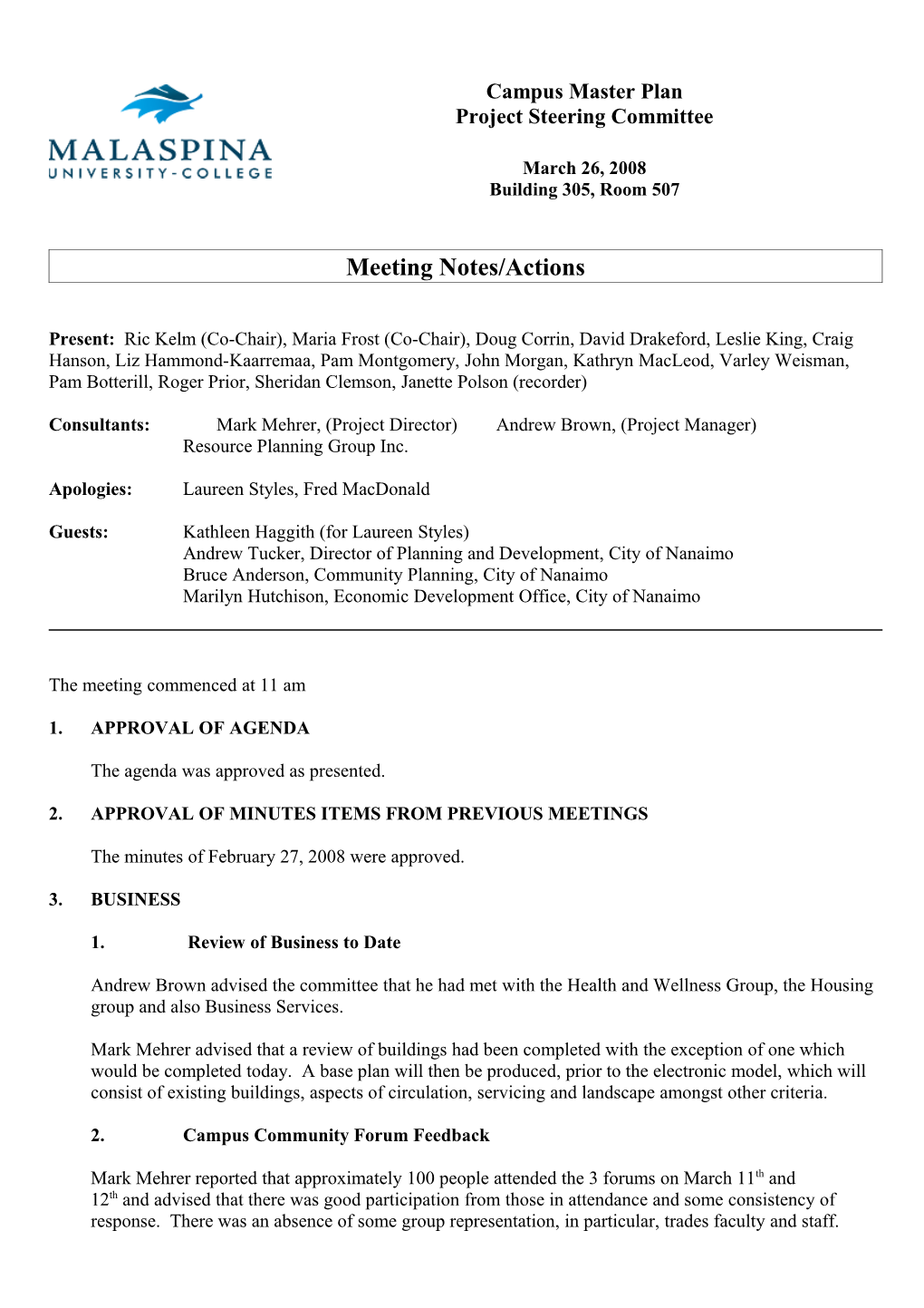 Campus Master Plan Project Steering Committee Meeting Notes