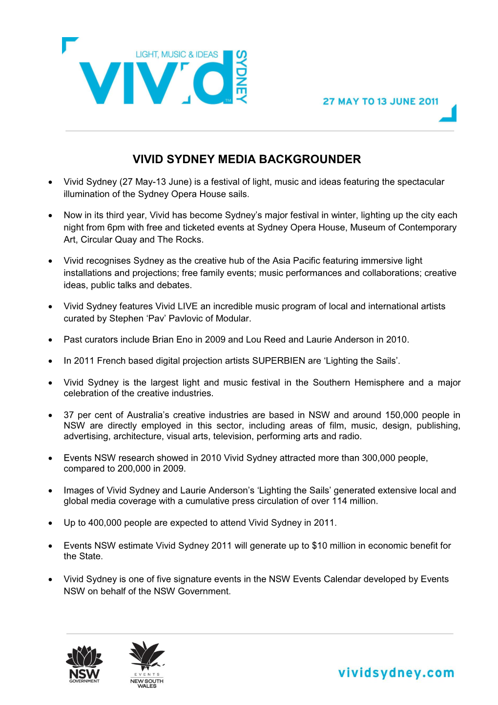 Vivid Sydney Media Backgrounder