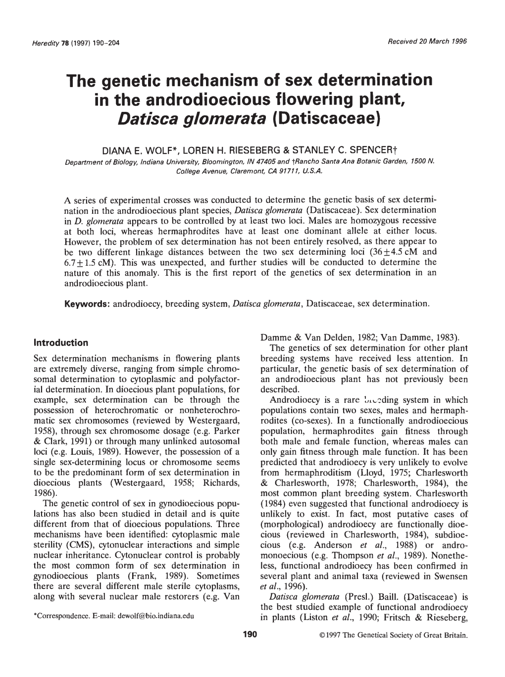 In the Androdioecious Flowering Plant, Datisca Glomerata (Datiscaceae)