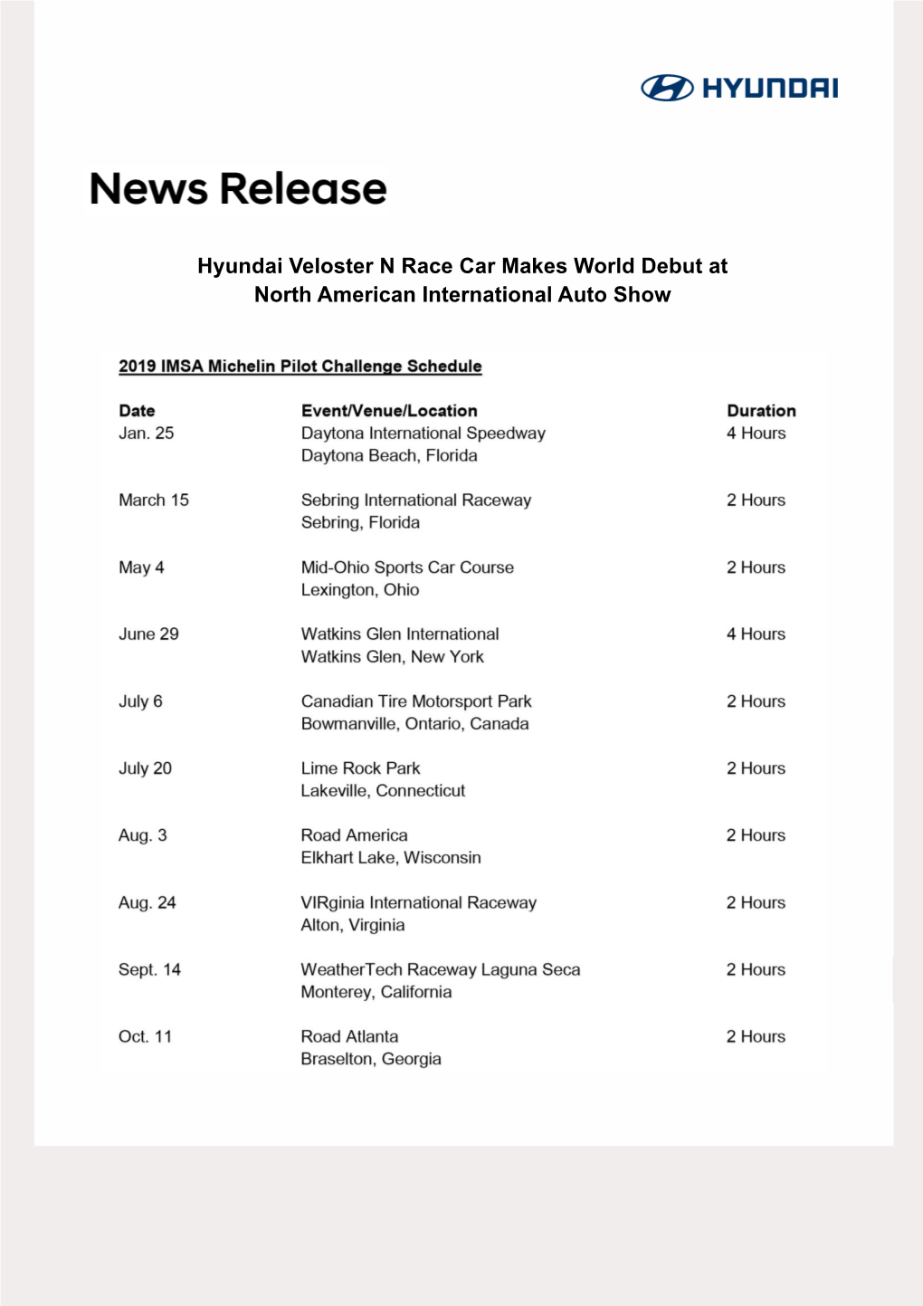 2019 IMSA MICHELIN Pilot Challenge Schedule