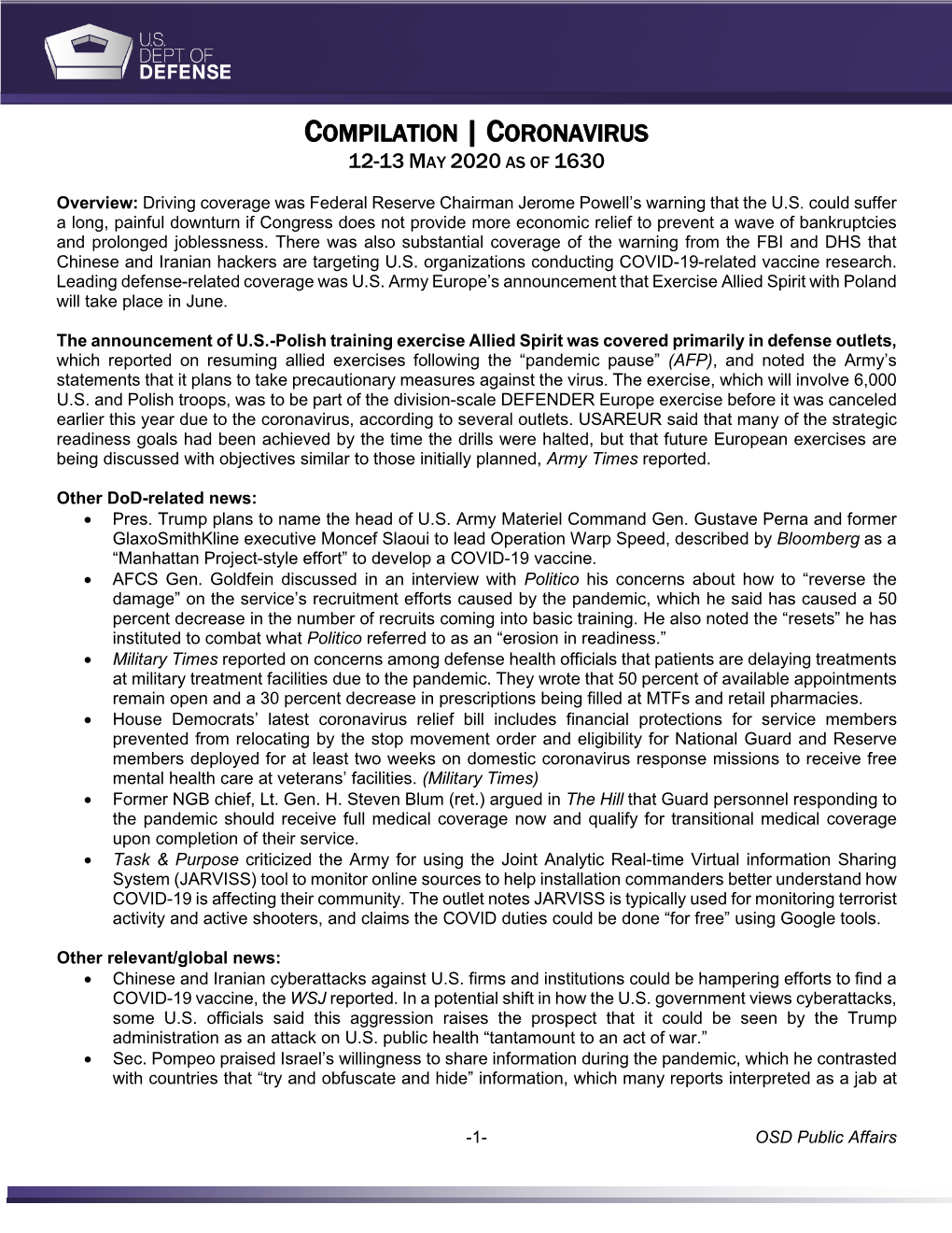 Compilation | Coronavirus 12-13 May 2020 As of 1630