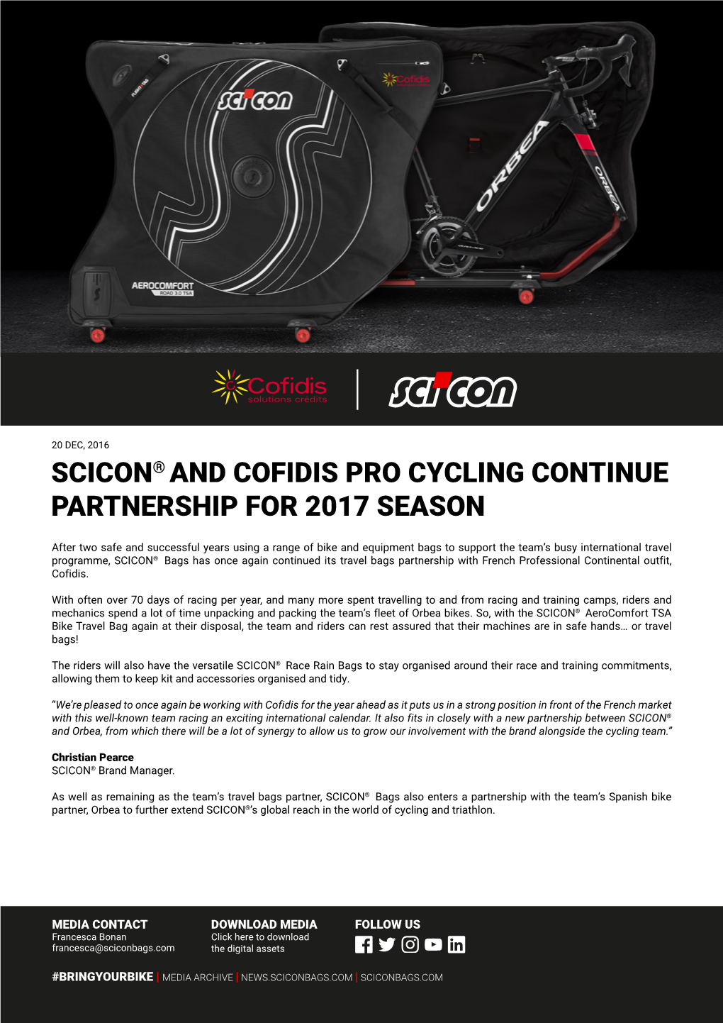 Scicon® and Cofidis Pro Cycling Continue Partnership for 2017 Season