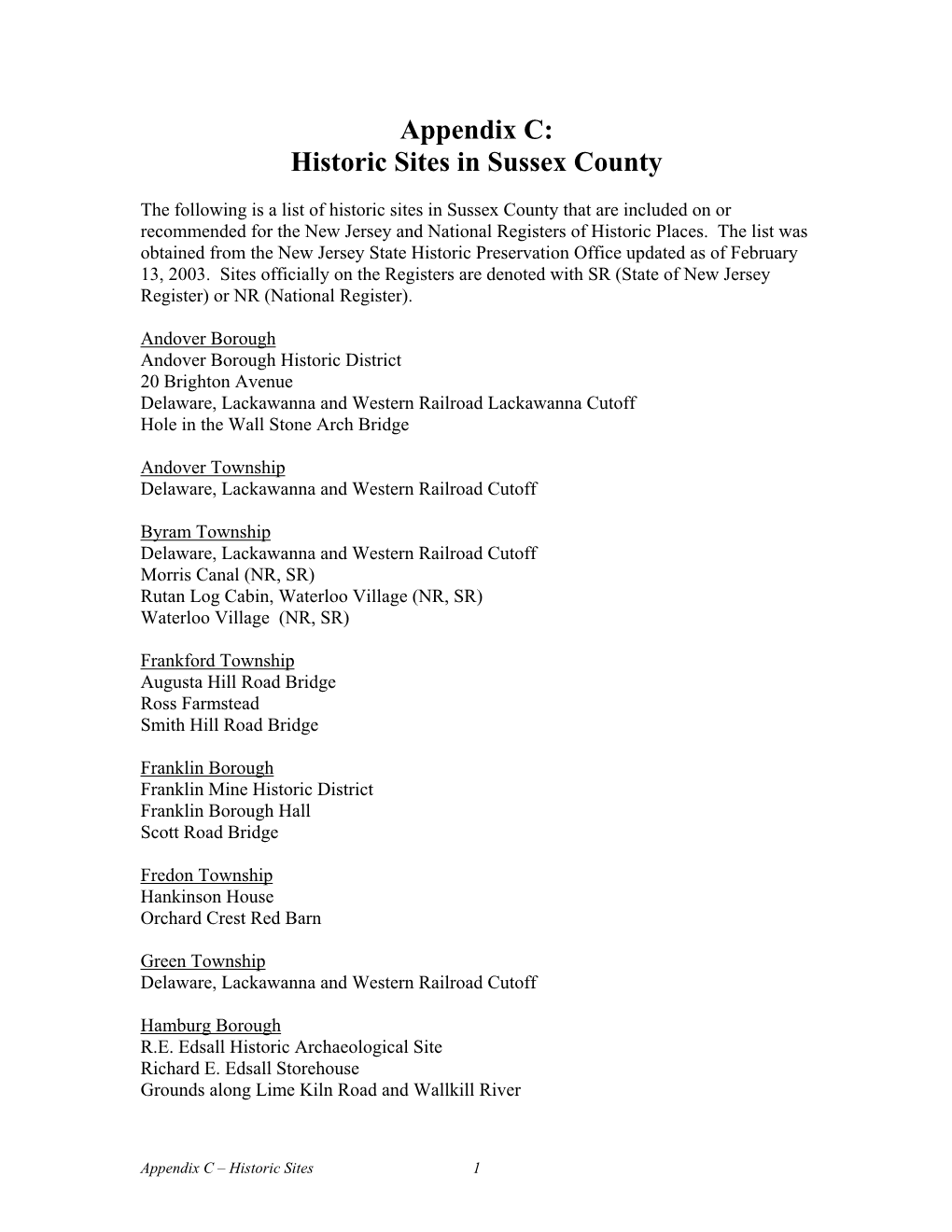 Appendix C: Historic Sites in Sussex County