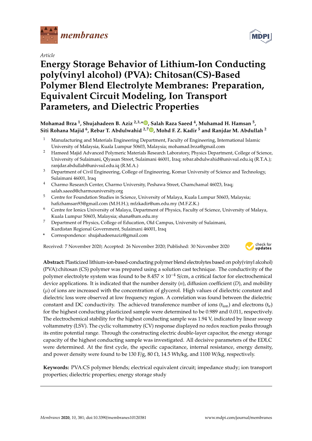 (PVA): Chitosan(CS)-Based Polymer Blend Electrolyte Membranes: Preparation, Equivalent Circuit Modeling, Ion Transport Parameters, and Dielectric Properties