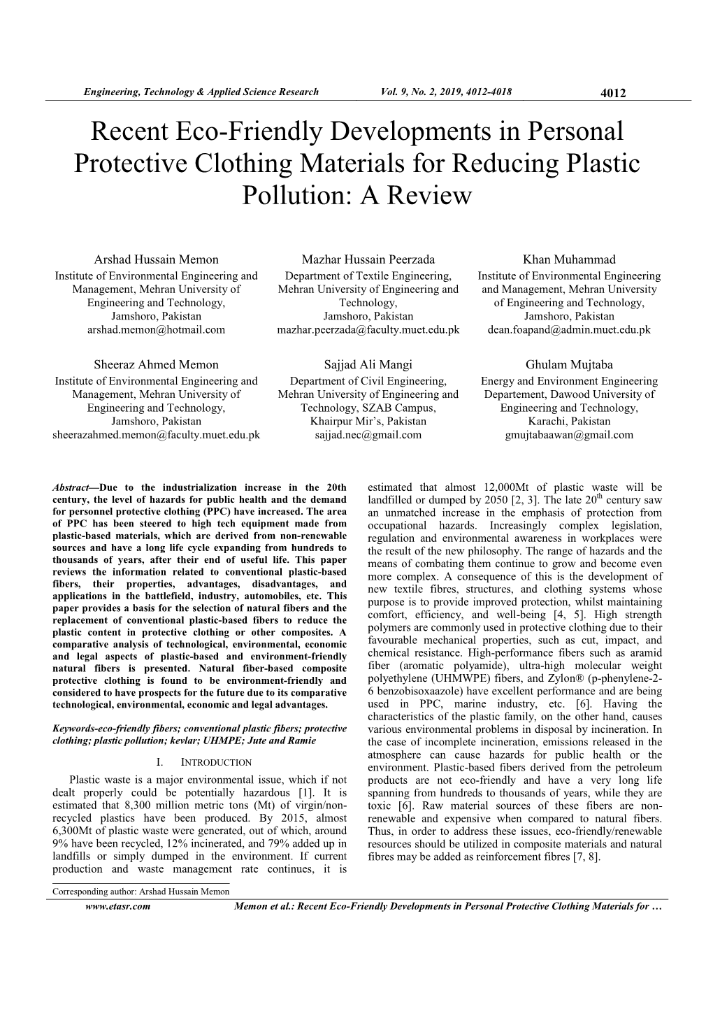 Recent Eco-Friendly Developments in Personal Protective Clothing Materials for Reducing Plastic Pollution: a Review