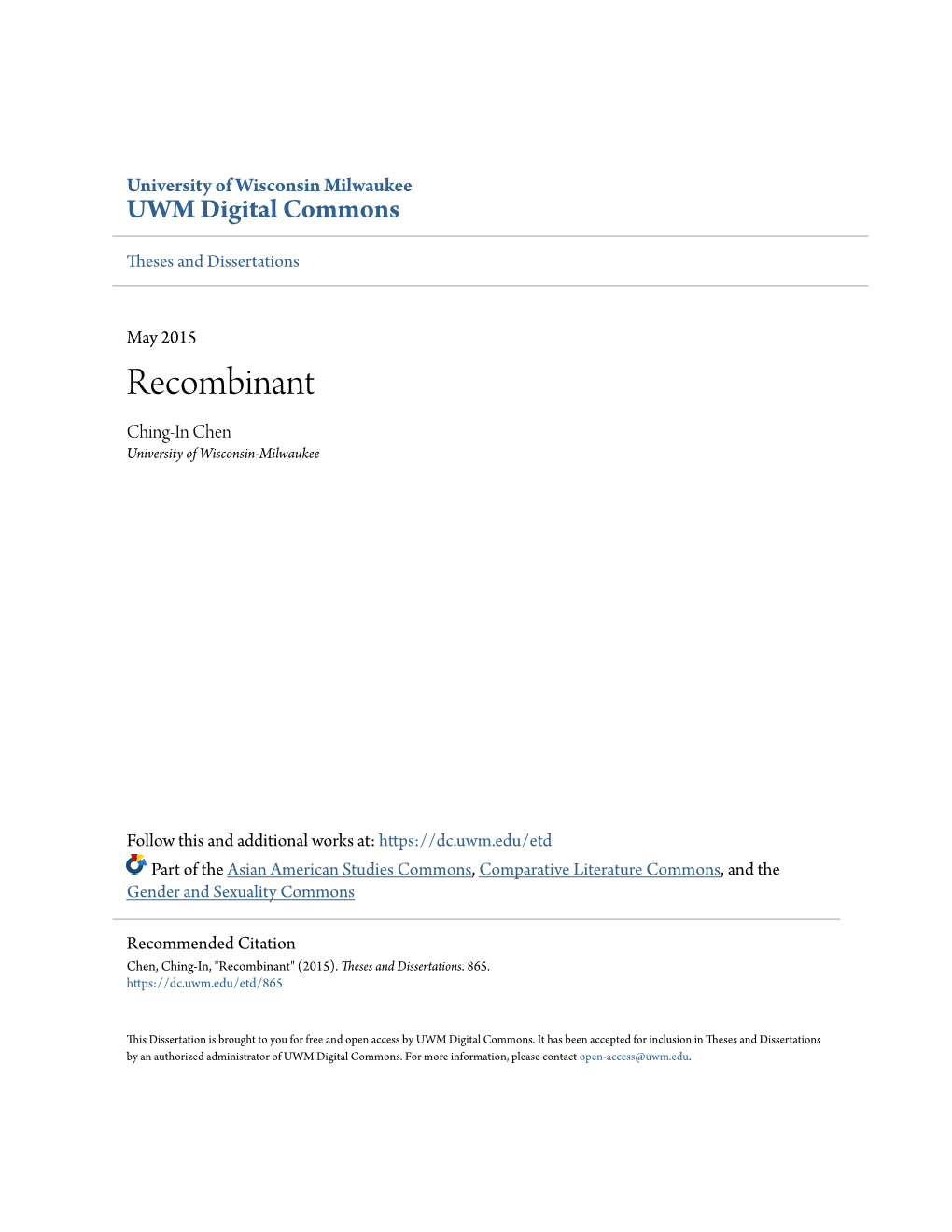 Recombinant Ching-In Chen University of Wisconsin-Milwaukee