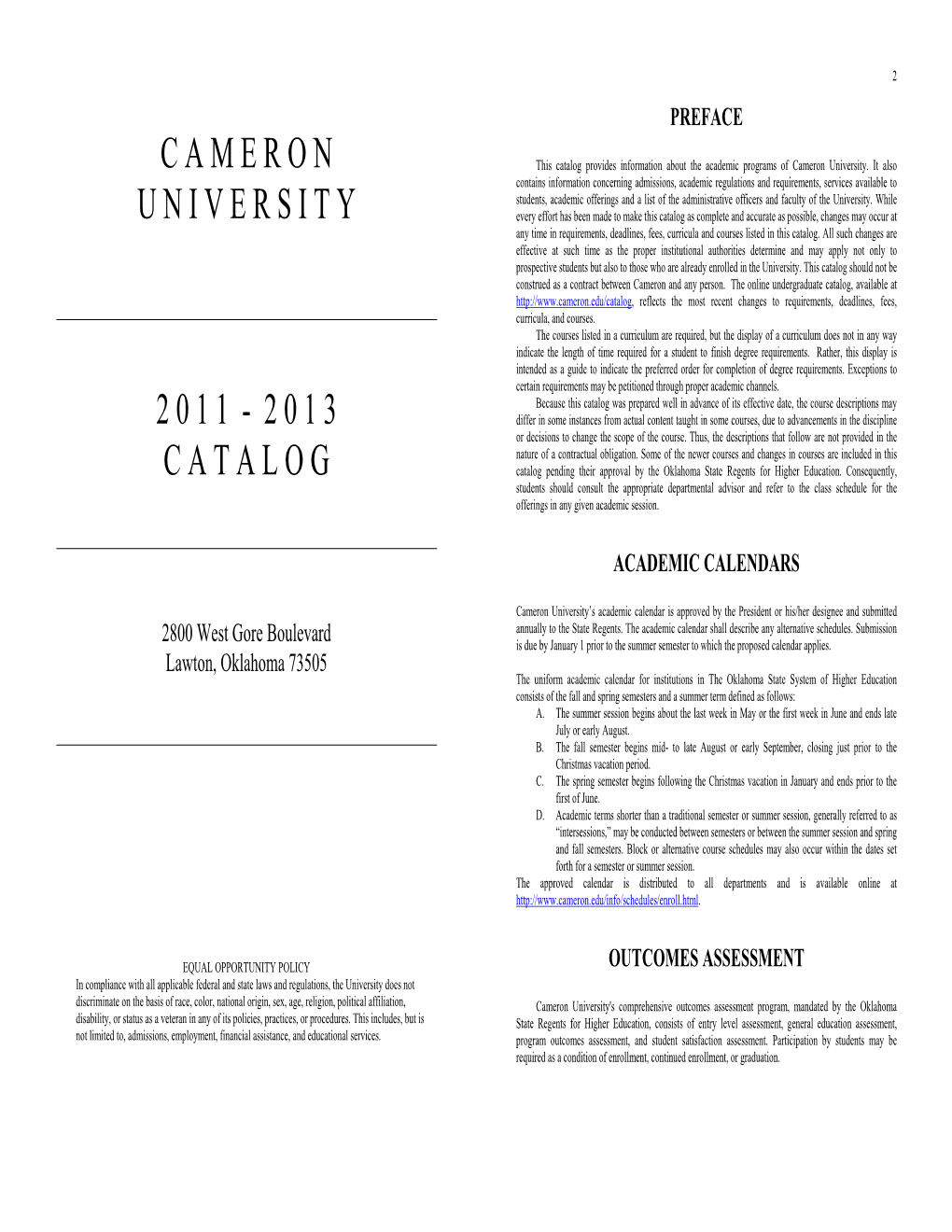 Cameron University Undergraduate Catalog 2011-2013