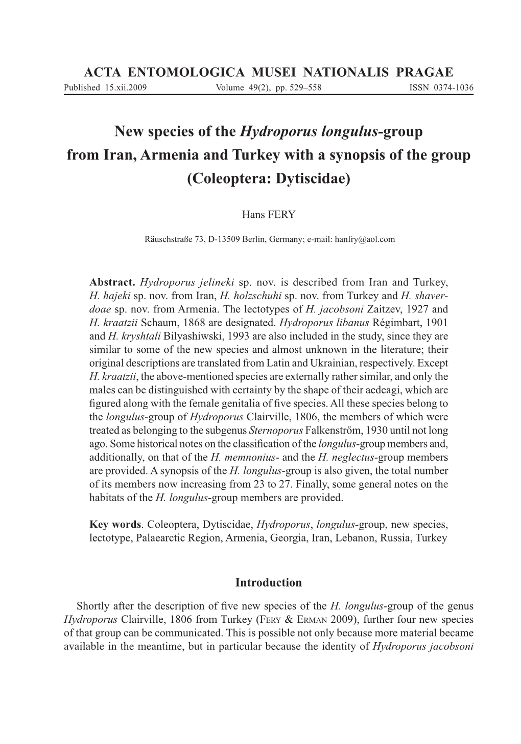 New Species of the Hydroporus Longulus-Group from Iran, Armenia and Turkey with a Synopsis of the Group (Coleoptera: Dytiscidae)