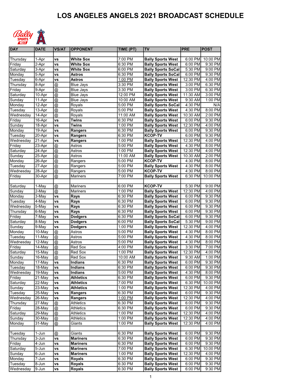 Los Angeles Angels 2021 Broadcast Schedule