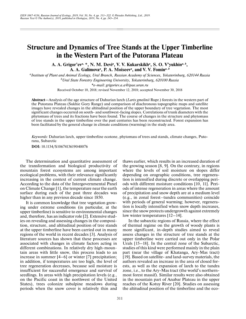 Structure and Dynamics of Tree Stands at the Upper Timberline in the Western Part of the Putorana Plateau A