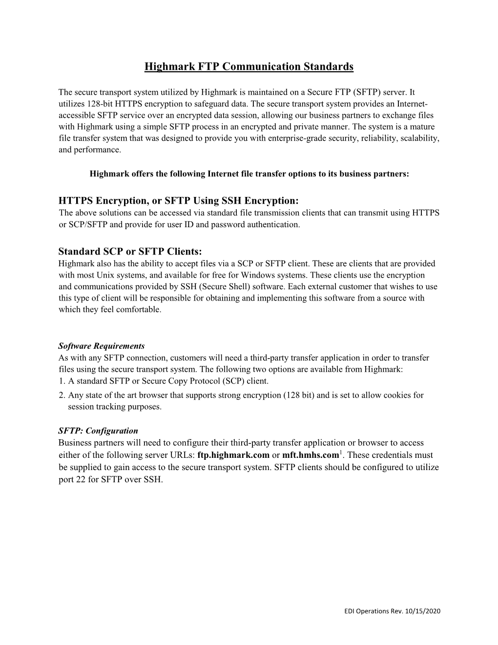 Secure Transport SFTP Specifications