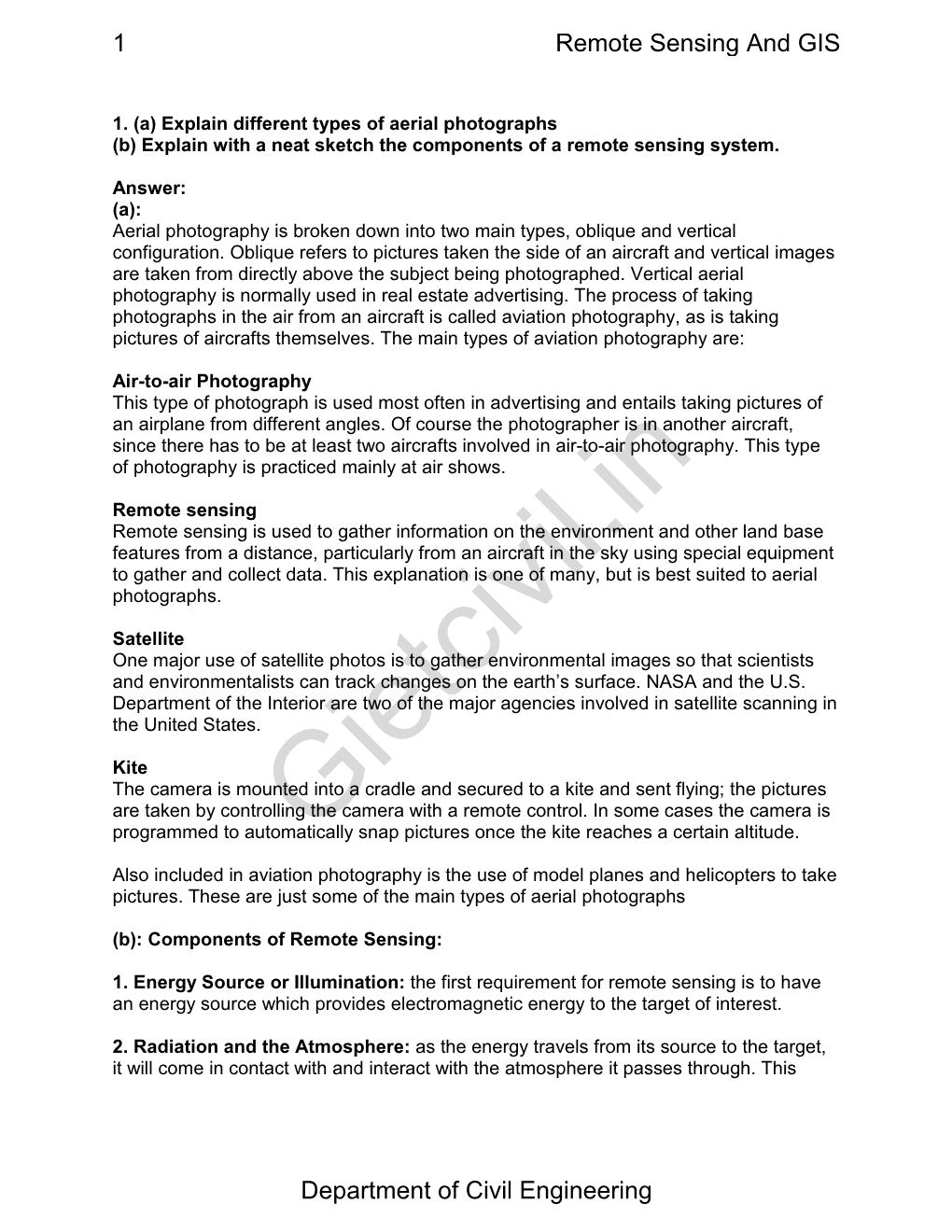 1 Remote Sensing and GIS Department of Civil Engineering