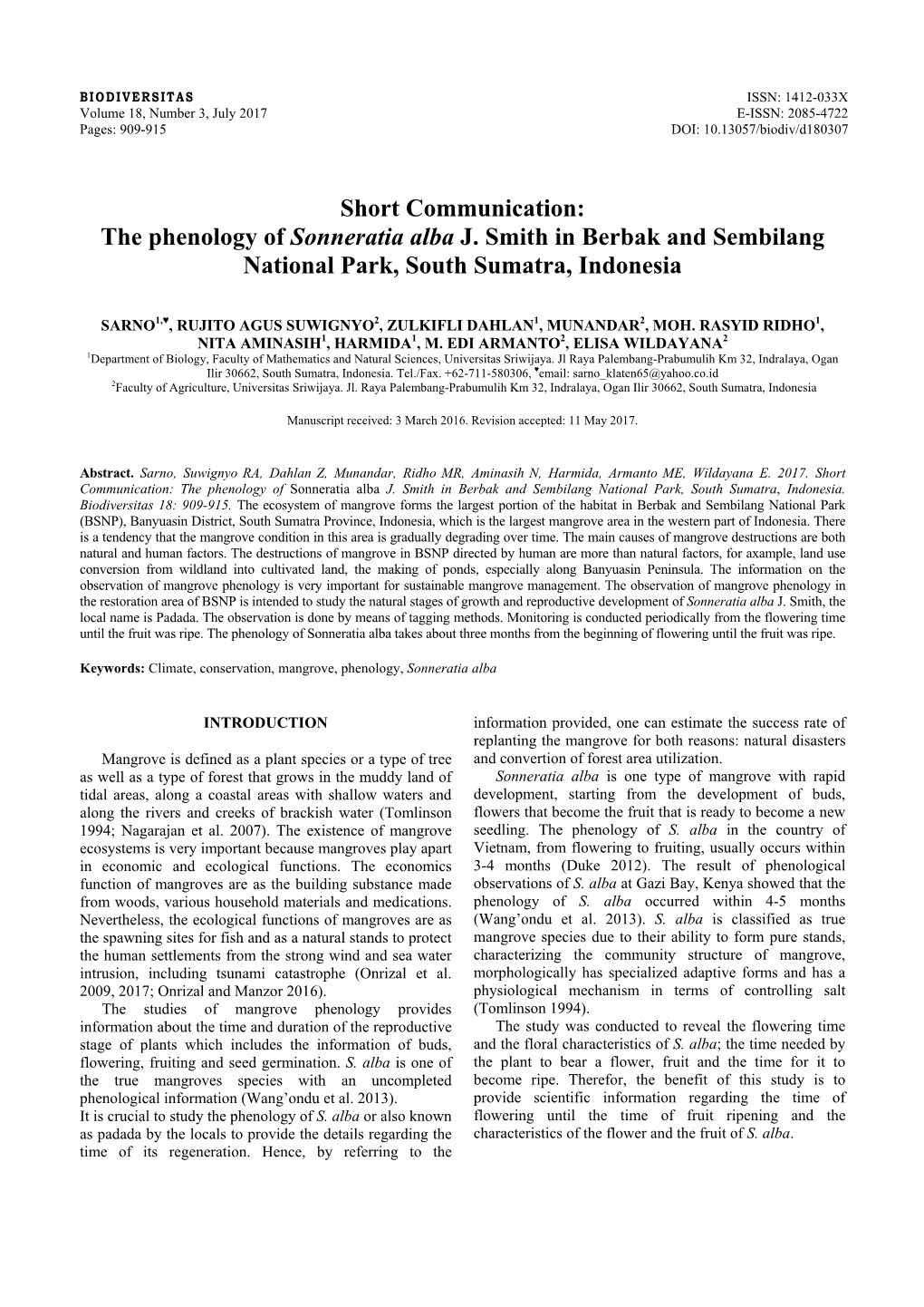 The Phenology of Sonneratia Alba J. Smith in Berbak and Sembilang National Park, South Sumatra, Indonesia