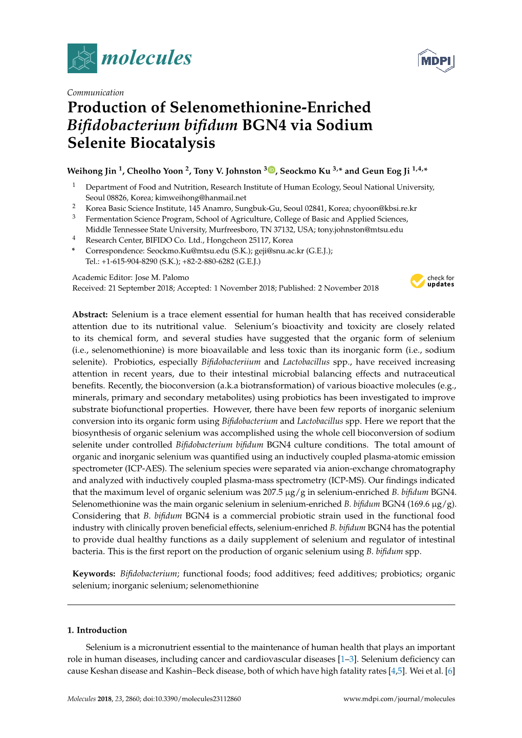 Production of Selenomethionine-Enriched Biﬁdobacterium Biﬁdum BGN4 Via Sodium Selenite Biocatalysis