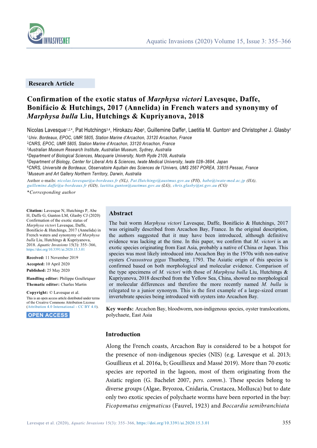 Annelida) in French Waters and Synonymy of Marphysa Bulla Liu, Hutchings & Kupriyanova, 2018