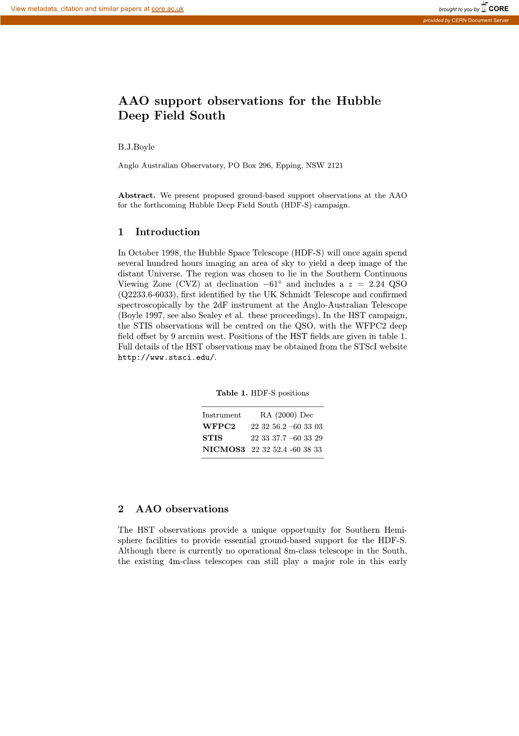 AAO Support Observations for the Hubble Deep Field South