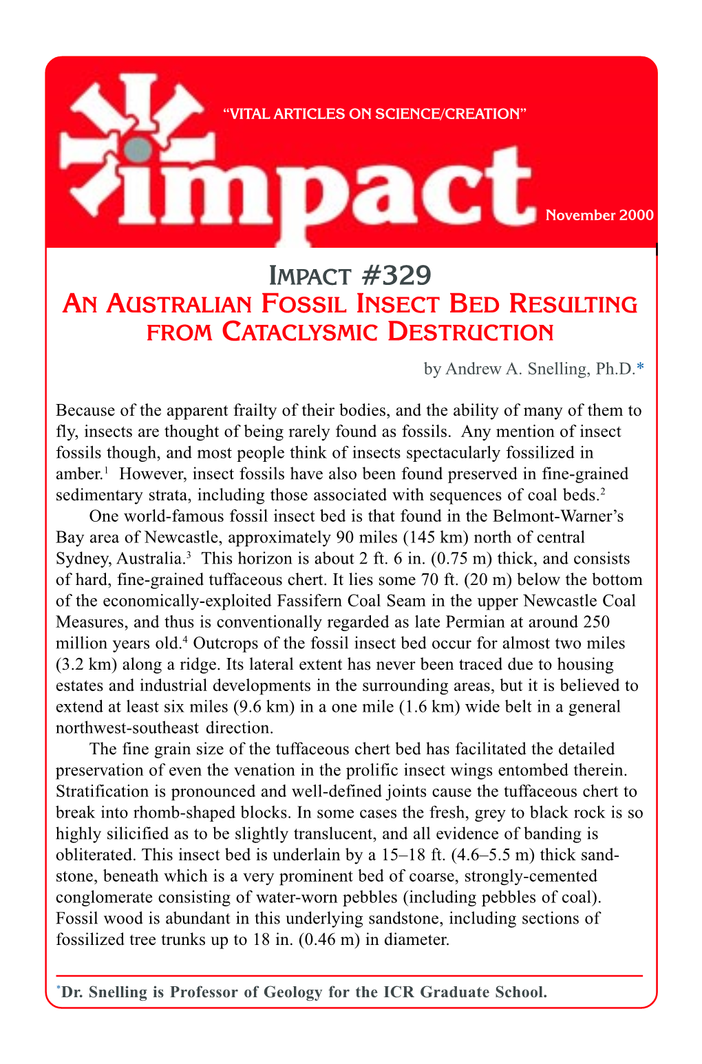 IMPACT #329 an AUSTRALIAN FOSSIL INSECT BED RESULTING from CATACLYSMIC DESTRUCTION by Andrew A