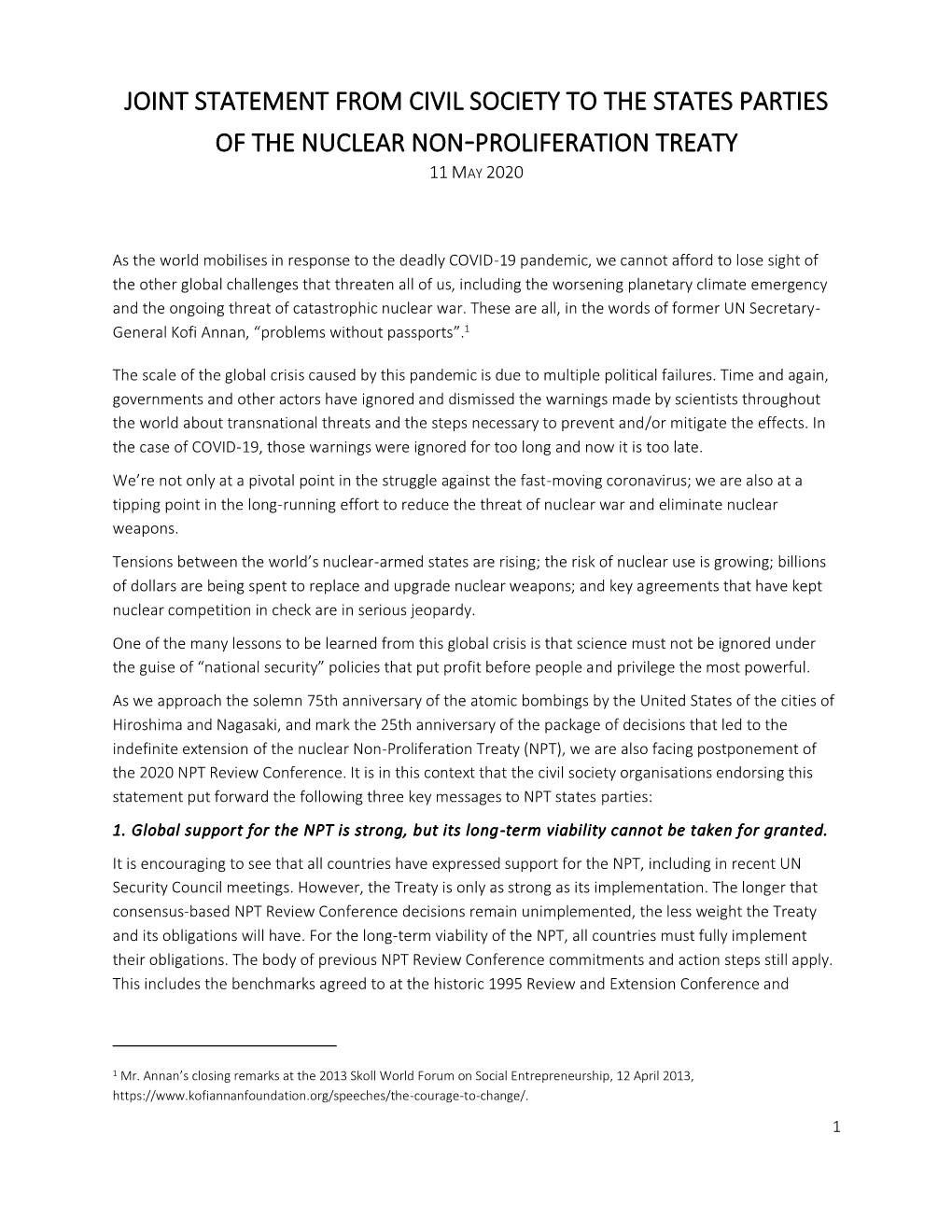 Joint Statement from Civil Society to the States Parties of the Nuclear Non-Proliferation Treaty 11 May 2020