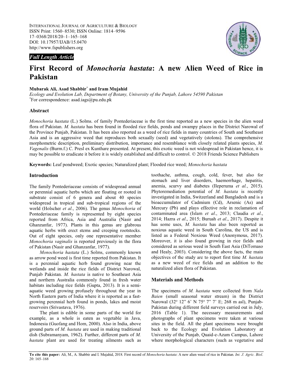 First Record of Monochoria Hastata: a New Alien Weed of Rice in Pakistan