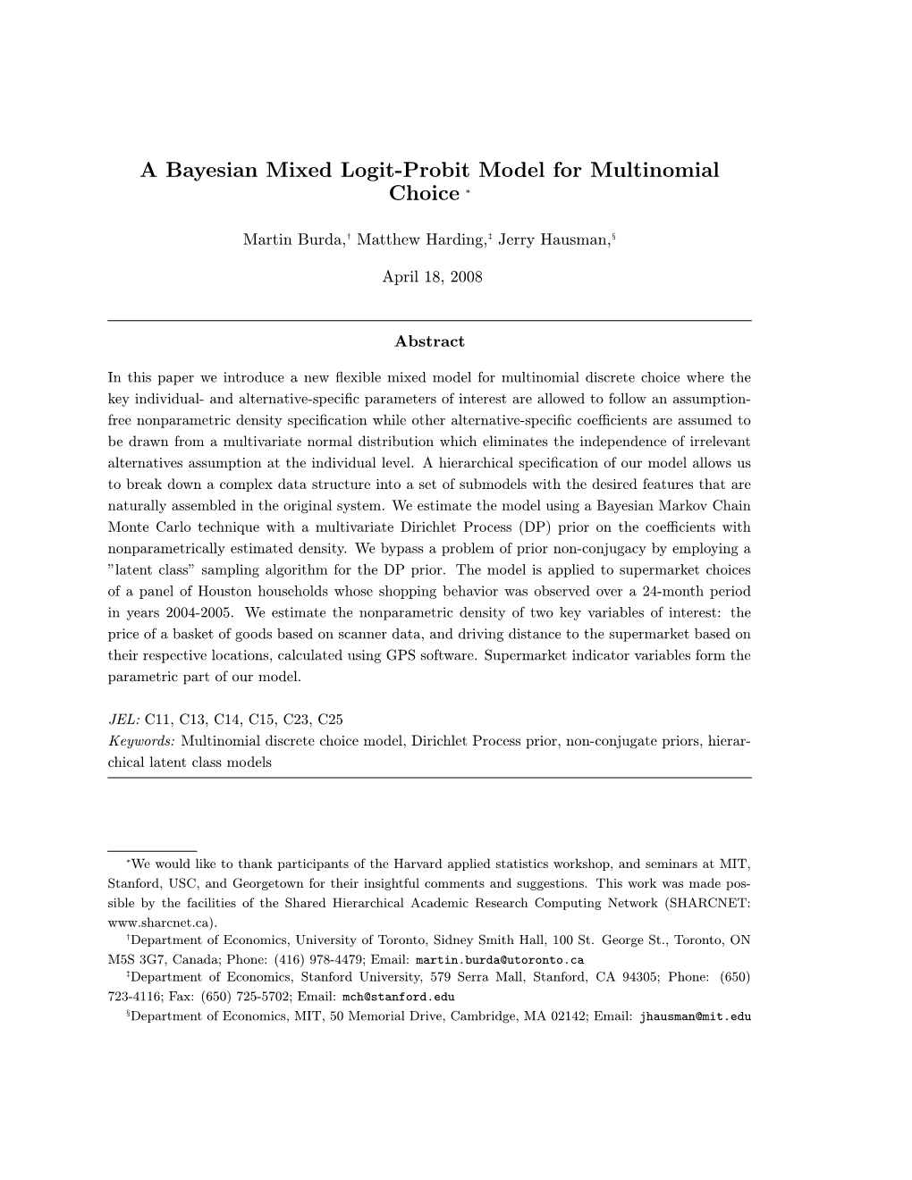 A Bayesian Mixed Logit-Probit Model for Multinomial Choice ∗