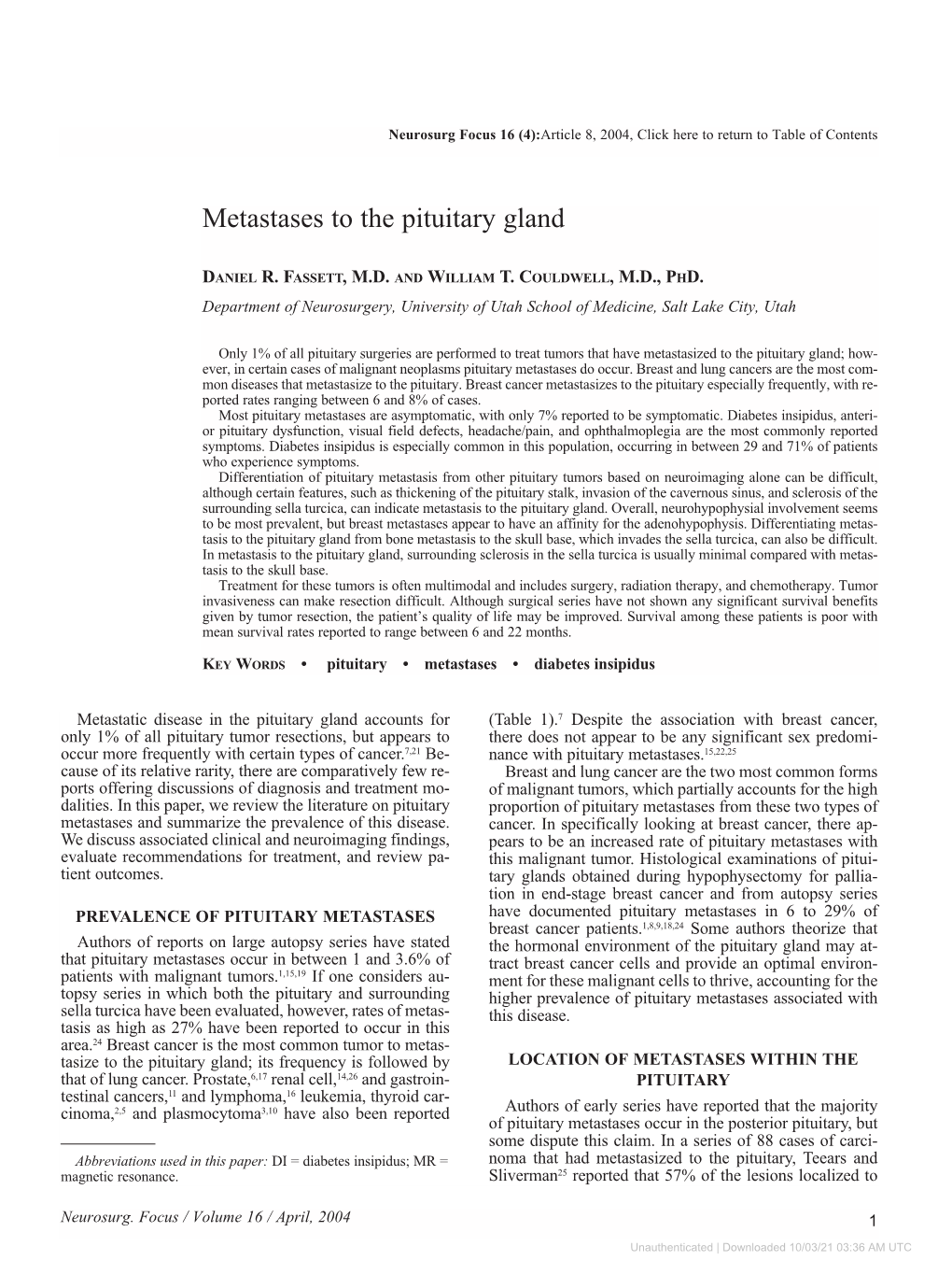 Metastases to the Pituitary Gland