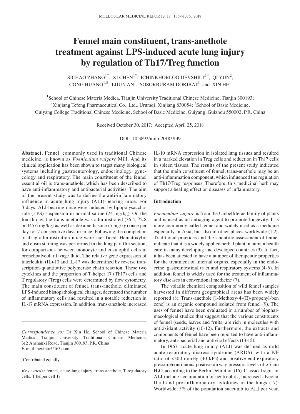 Fennel Main Constituent, Trans‑Anethole Treatment Against LPS‑Induced Acute Lung Injury by Regulation of Th17/Treg Function