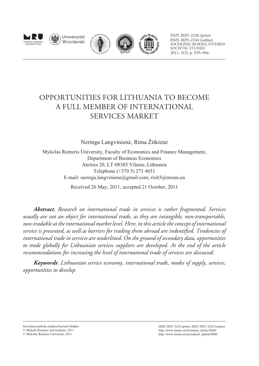 Opportunities for Lithuania to Become a Full Member of International Services Market