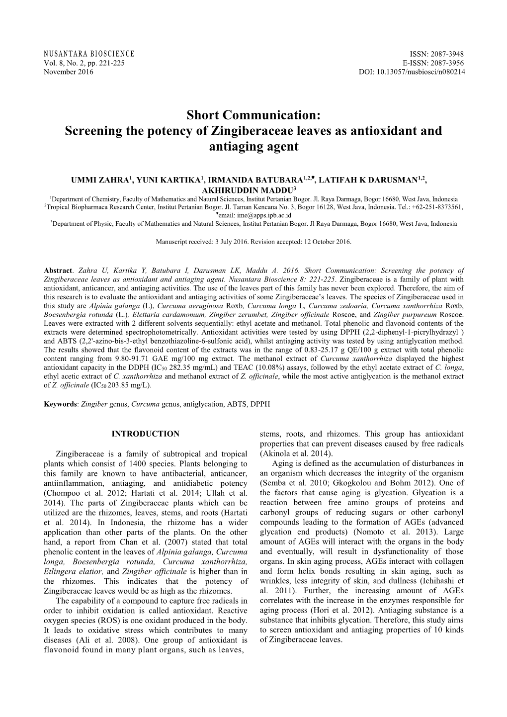 Short Communication: Screening the Potency of Zingiberaceae Leaves As Antioxidant and Antiaging Agent