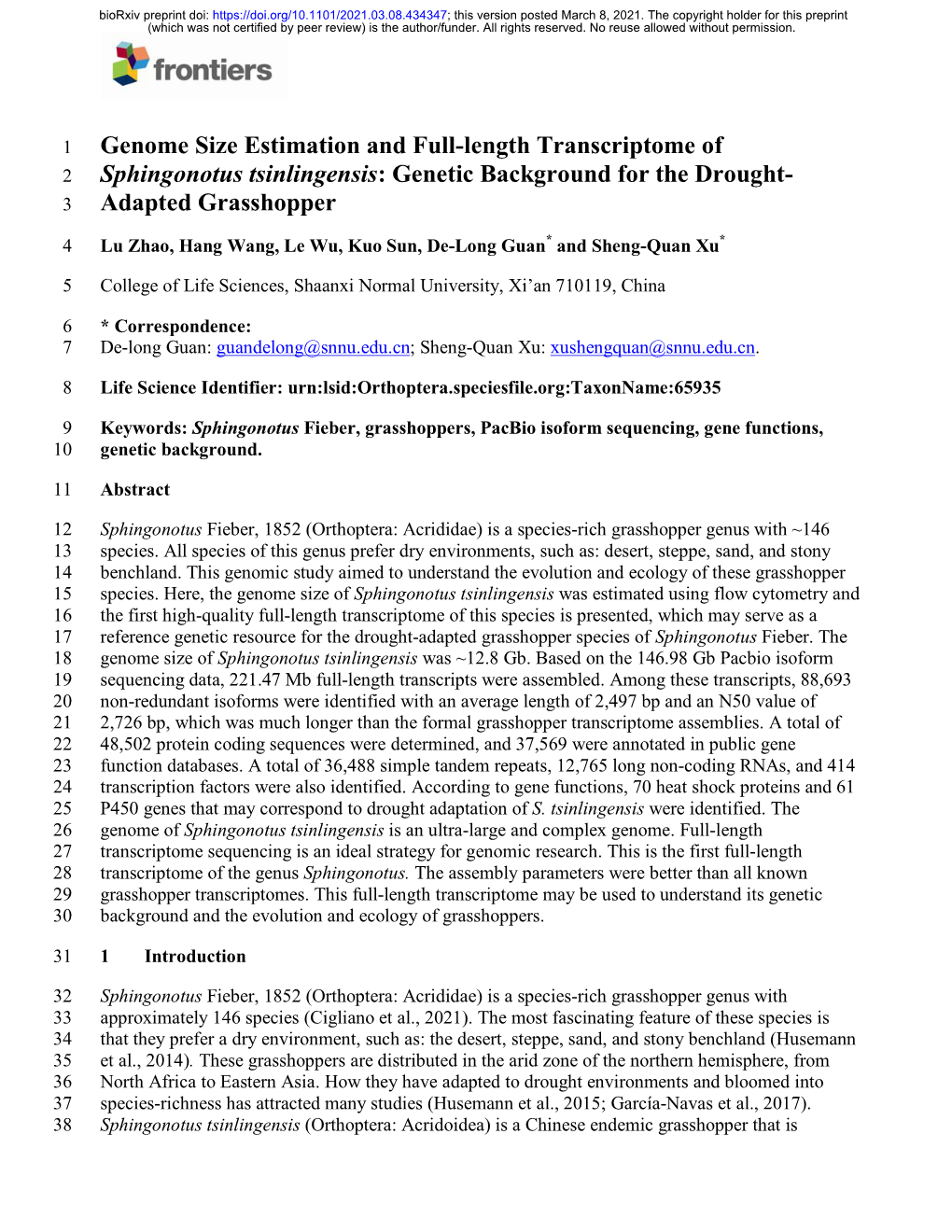 Genome Size Estimation and Full-Length Transcriptome of 2 Sphingonotus Tsinlingensis: Genetic Background for the Drought- 3 Adapted Grasshopper