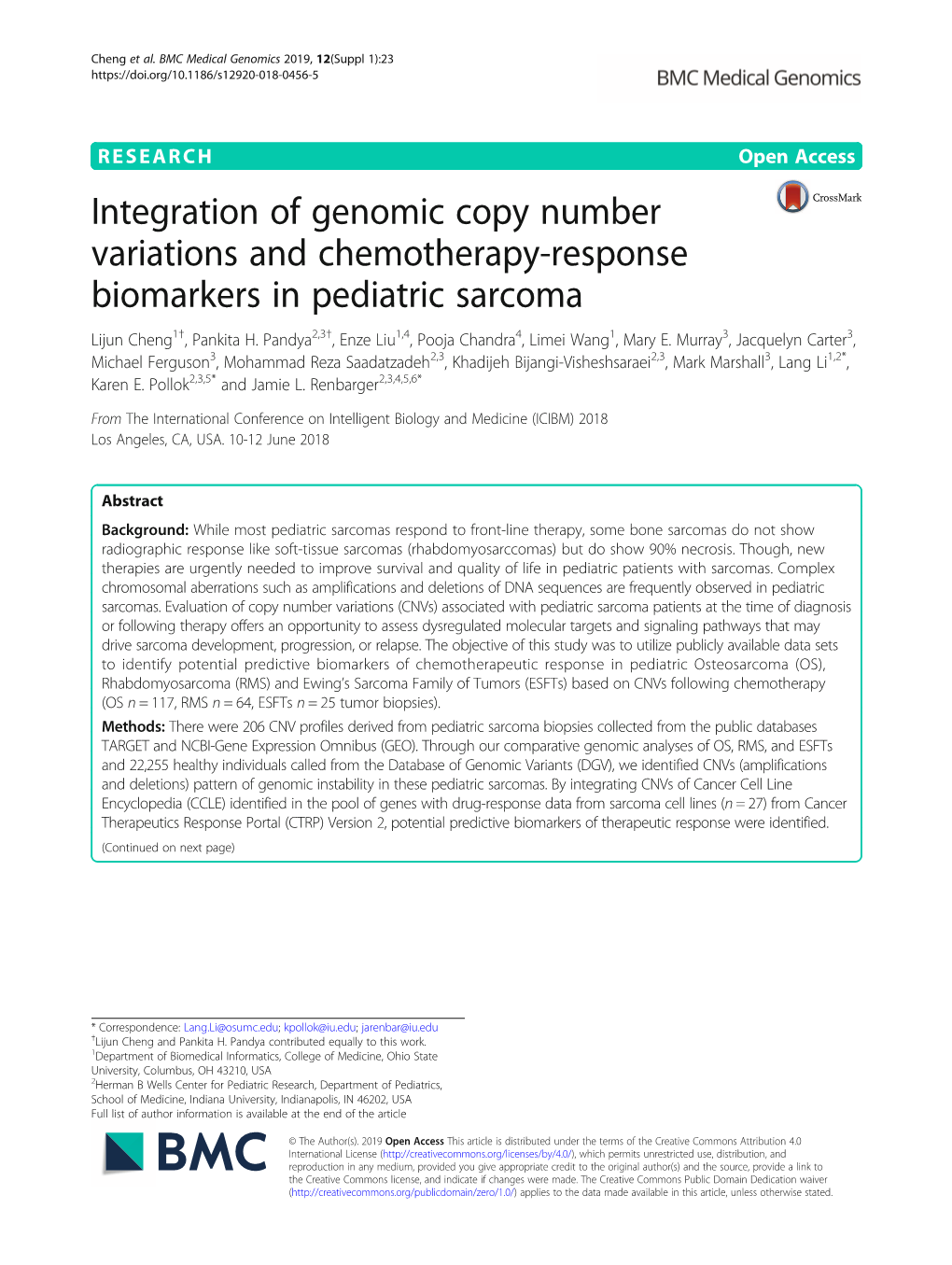 Integration of Genomic Copy Number Variations and Chemotherapy-Response Biomarkers in Pediatric Sarcoma Lijun Cheng1†, Pankita H