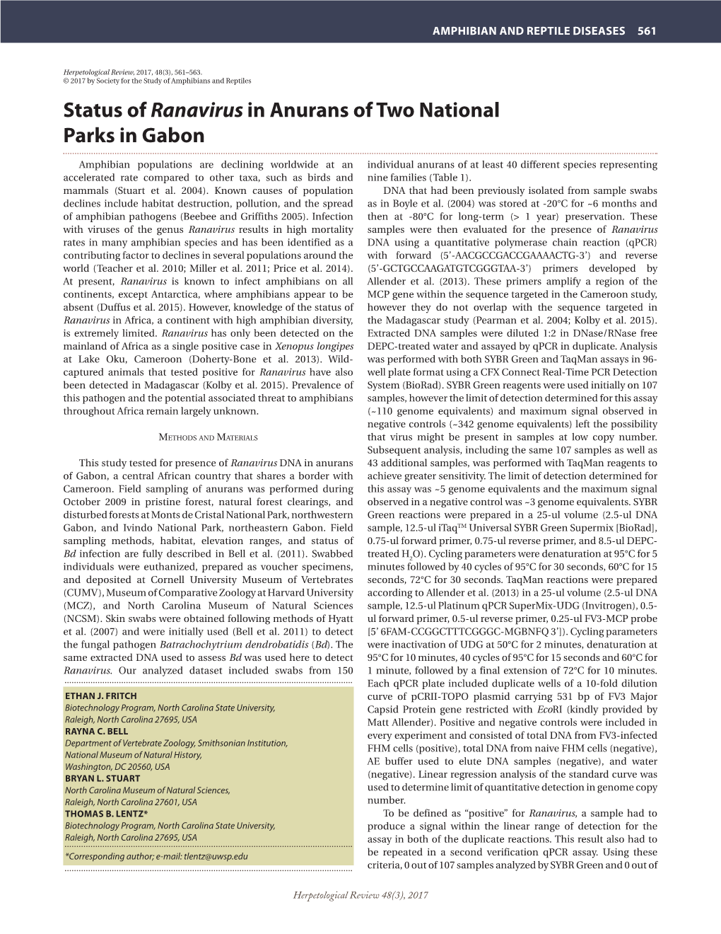 Status of Ranavirus in Anurans of Two National Parks in Gabon
