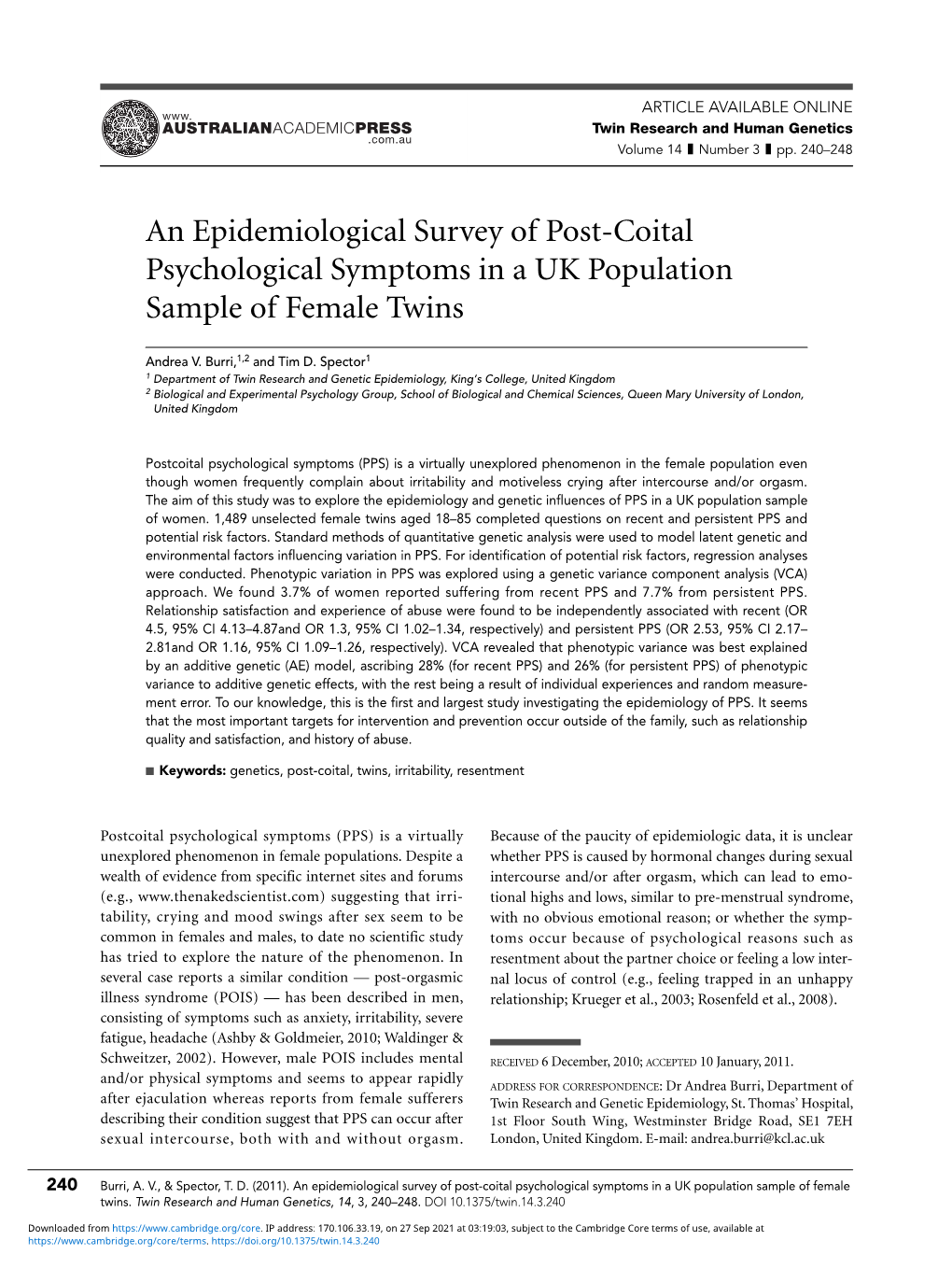 An Epidemiological Survey of Post-Coital Psychological Symptoms in a UK Population Sample of Female Twins