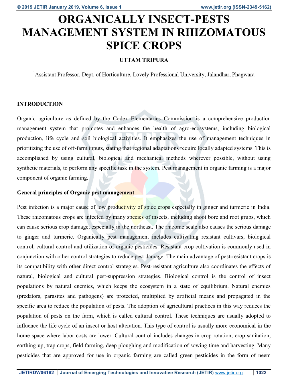 Organically Insect-Pests Management System in Rhizomatous Spice Crops Uttam Tripura