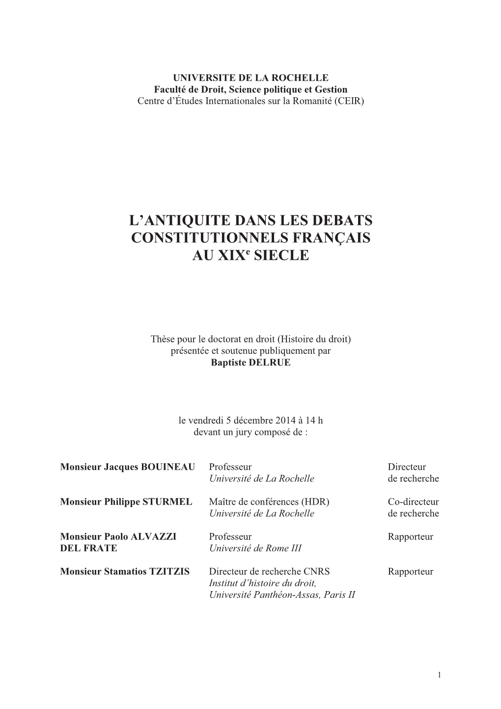 L'antiquite Dans Les Debats Constitutionnels Français